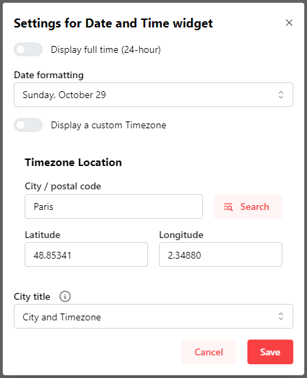 configuration of the weather widget